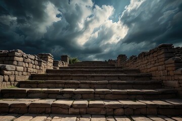 Ancient Stone Steps Leading to Dramatic Storm Clouds