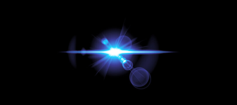 Mesmerizing blue light beam with brilliant optical lens flare effect creating a vibrant visual element and luminous glow on a dark abstract background