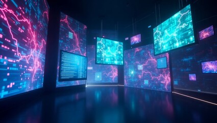 Fototapeta premium Neon Pink Blue Digital Data Screens Network monitors