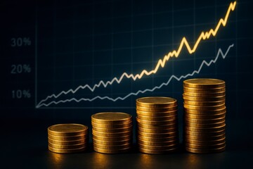 Golden coins stacked in ascending order against a dark background with a rising financial graph