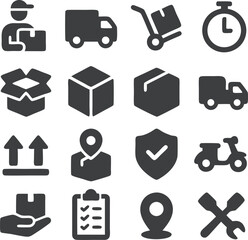 Delivery and logistics icons set collection group. Courier, truck, scooter, box, stopwatch, shield, location, clipboard, package, service, parcel, transport, shipping, express, cargo, order,