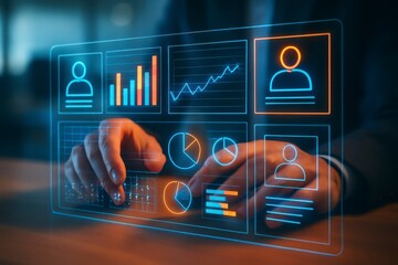 Hands interacting with a futuristic holographic digital interface displaying financial charts and data analytics