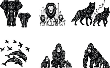 PrintBlack and white vector illustration of elephants, lions, wolves, dolphins, and gorillas with tribal patterns and stylized design elements.