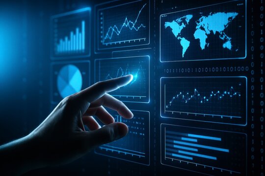 Close up of a human finger interacting with a futuristic digital display showing global data and financial charts