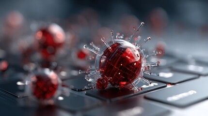A 3D rendering of virus-like particles on a computer keyboard, showcasing intricate details and a dark, muted color palette.