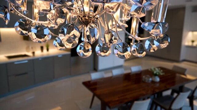 elegantly appointed eating area providing sightline into the culinary preparation space, featuring ornate lighting fixture and built-in domestic machines