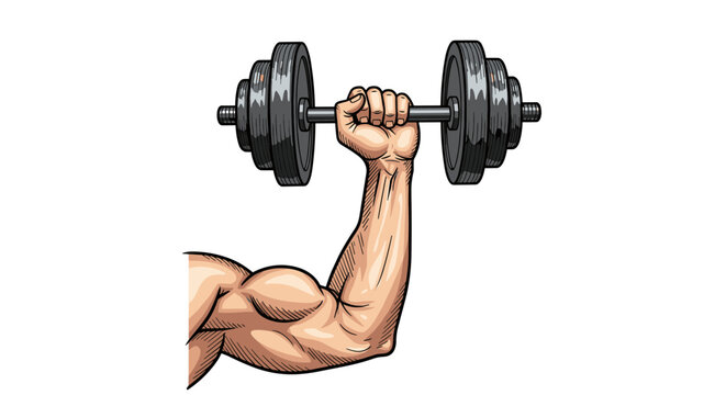 An illustrated arm powerfully lifting a heavy dumbbell demonstrating strength and muscle development for fitness and exercise enthusiasts
