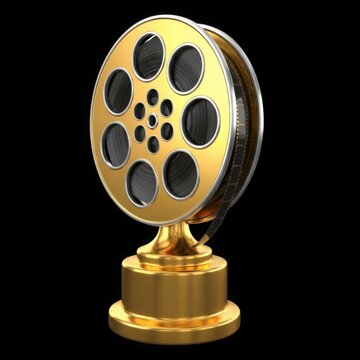 Golden film reel award trophy on black background