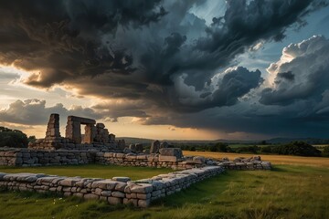 Ancient Stone Arch Ruins Against Dramatic Sunset Sky