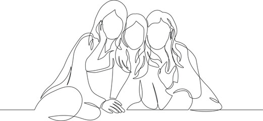 Three Generations Together. Child, Mom, and Grandma in One Line Art Drawing