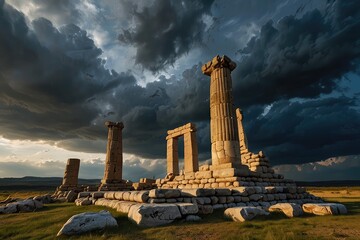 Ancient Stone Arch Ruins Against Dramatic Sunset Sky