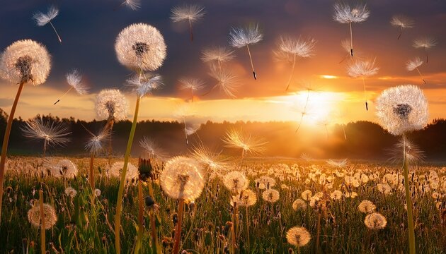dandelion seeds fly sunset field