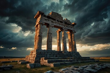 Ancient Stone Arch Ruins Against Dramatic Sunset Sky