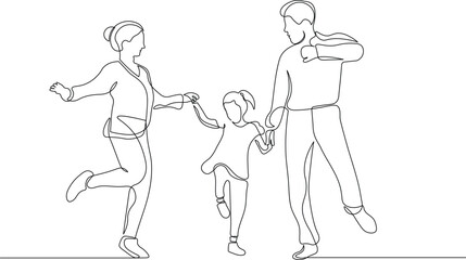 Happy Family Dancing Together with Daughter. Continuous Line Illustration