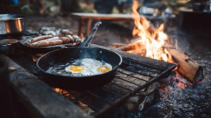 Fried eggs and sausages cooking over a campfire, a rustic outdoor meal.