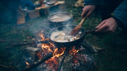Outdoor cooking scene shows food preparing over a crackling campfire.