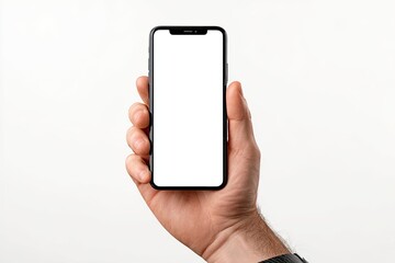 Hand holding a black smartphone with blank white screen