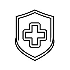 Obraz premium Medical shield icon with a cross symbol representing health care, protection, and immune system security. Isolated line art vector graphic