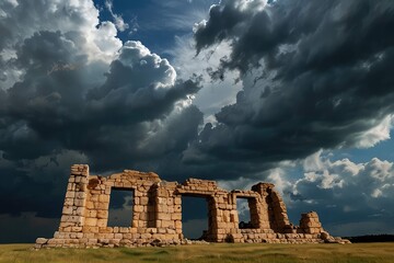 Ancient Stone Arch Ruins Against Dramatic Sunset Sky