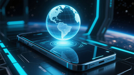 Futuristic smartphone with edge-to-edge holographic screen, projecting a rotating 3D Earth, glowing in space-inspired sci-fi setting
