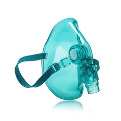 Transparent teal medical oxygen mask with head strap