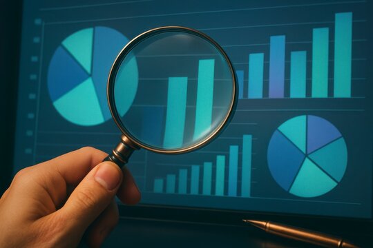 Magnifying glass examining glowing teal and blue financial charts and graphs on a dark screen - Powered by Adobe