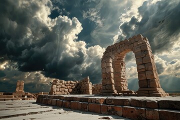 Ancient Stone Arch Ruins Against Dramatic Sunset Sky