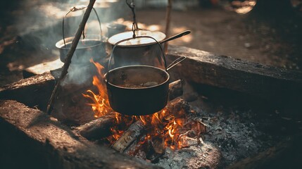 Dark metal pots simmer over a crackling campfire, showcasing a rustic outdoor cooking scene.