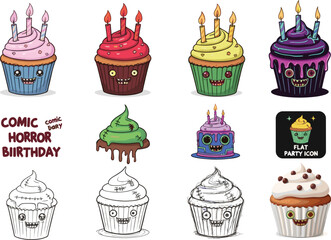 PrintCreepy and Cute Horror Birthday Cupcake Characters in Comic Style, Vector Illustration Set for Halloween Party, Celebration Icon, Coloring and Stickers