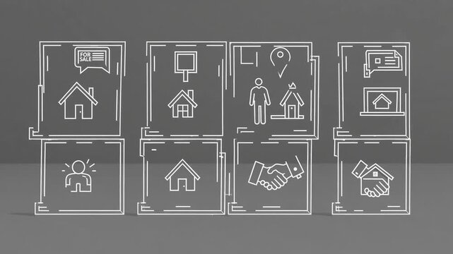 set of editable stroke line icons depicting various concepts in home real estate, including buying, selling, signs, mortgages, and agents