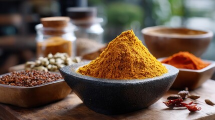 A close-up view of a dark-gray stone bowl filled with vibrant yellow turmeric powder, displayed alongside other spices on a wooden surface.