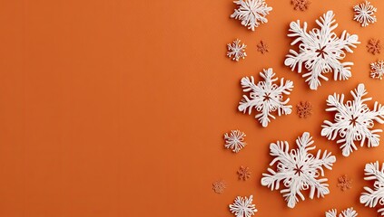 Sparkling white snowflakes scattered on a vibrant orange background for winter holidays.