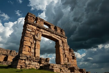Ancient Stone Arch Ruins Against Dramatic Sunset Sky