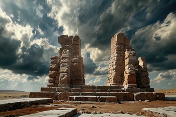 Ancient Stone Arch Ruins Against Dramatic Sunset Sky