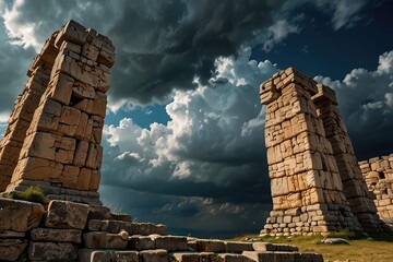 Ancient Stone Arch Ruins Against Dramatic Sunset Sky
