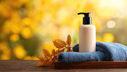 A pump bottle of lotion sits on a wooden tray with a rolled blue towel and autumn leaves, set against a blurred autumnal backdrop