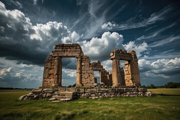 Ancient Stone Arch Ruins Against Dramatic Sunset Sky