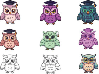 PrintCute Cartoon Owl Vector Set with Graduation Cap, Educational Character Mascot in Colorful Styles, Ideal for School or Learning Designs