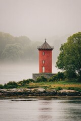 Red Lighthouse In Misty Coastal Scenery