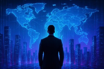 Silhouette of a businessman looking at a glowing blue digital world map projected over a futuristic city skyline