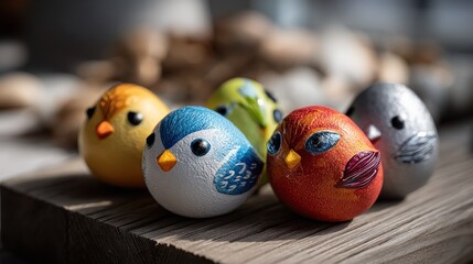 Colorful decorative bird figurines arranged on a wooden surface, showcasing vibrant hues and detailed designs.