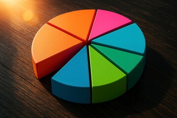 Colorful pie chart segments arranged on a wooden surface with warm lighting creating a sense of data analysis and strategy