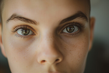Fototapeta premium face of a girl with clear fair skin with brown eyes without hair on her head
