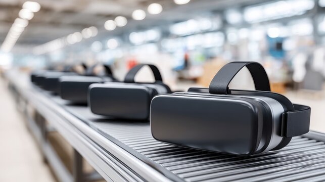 Multiple virtual reality headsets are seen on a factory conveyor belt, ready for assembly or packaging.
