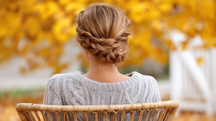 Rear view of a woman with a beautiful braided hairstyle, wearing a cozy sweater, enjoying the golden autumn scenery.