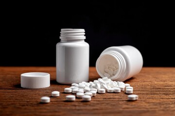 Pills spilled from white bottles on wood Black background