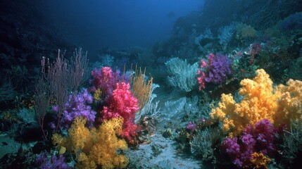 Naklejka premium Vibrant coral reef underwater ocean scene, marine life background, nature documentary