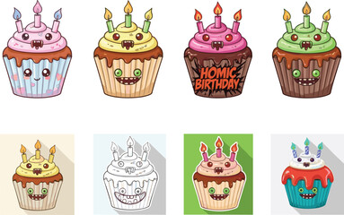 PrintFunny and Spooky Horror Birthday Cupcakes with Faces and Candles, Comic Style Vector Icons for Party Design, Stickers, and Illustration Projects
