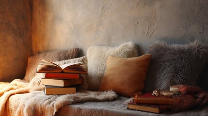 A cozy corner, illuminated by warm light, showcases a stack of books resting on a plush couch, adorned with soft, textured pillows and throws.