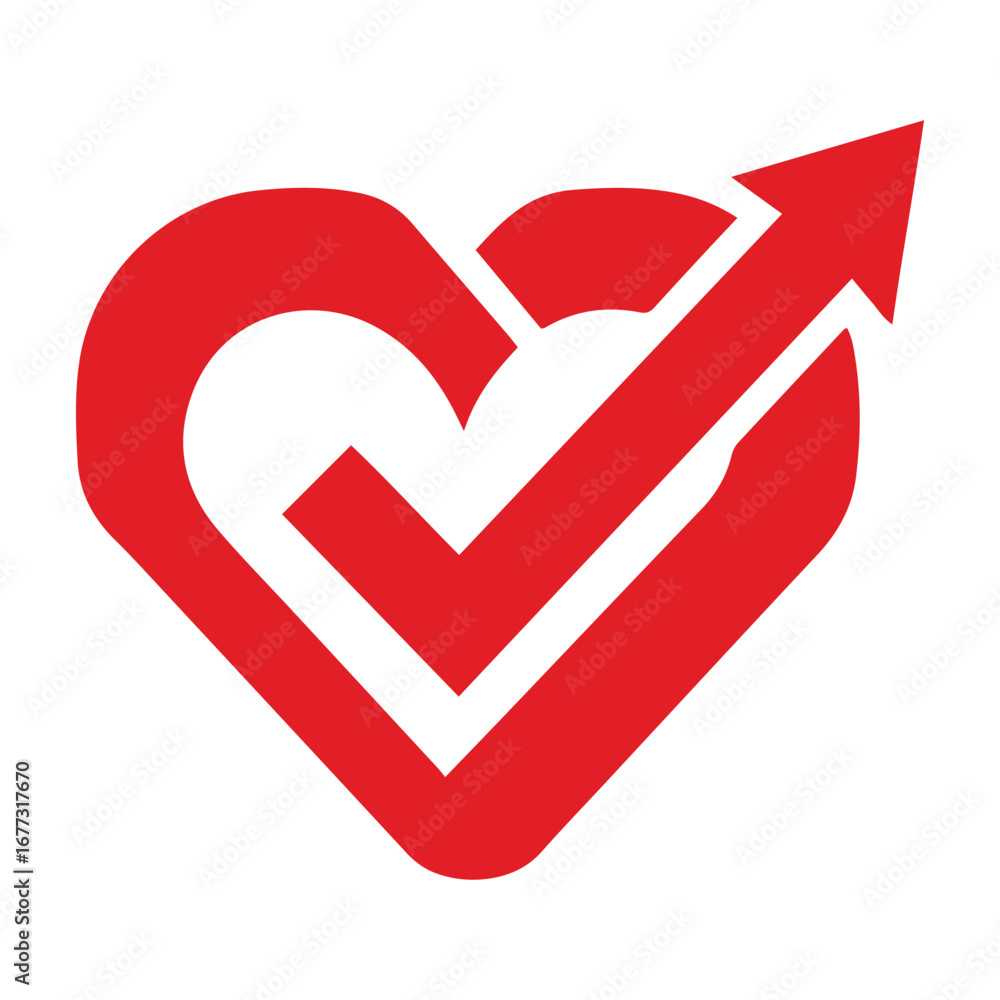 Poster red heart shape with an arrow going up through the center of the heart on a white background view
